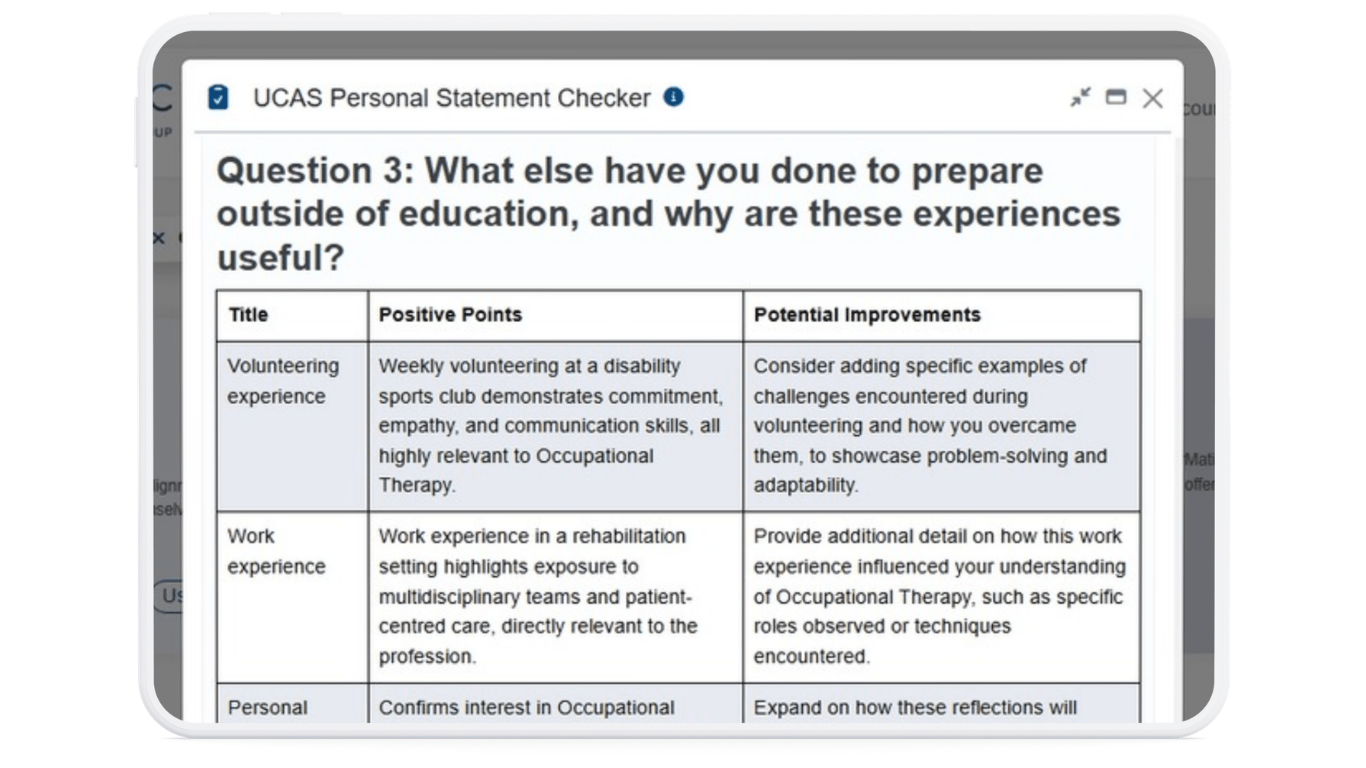 This is screenshot image of the generated results of Question 3 from the TeacherMatic UCAS Personal Statement Checker AI tool