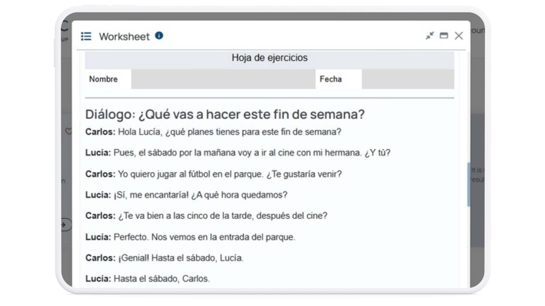 A Spanish worksheet displays a dialogue between two people discussing their weekend plans, including going to the park and the movies, while expressing how building Career Confidence can influence their future choices.