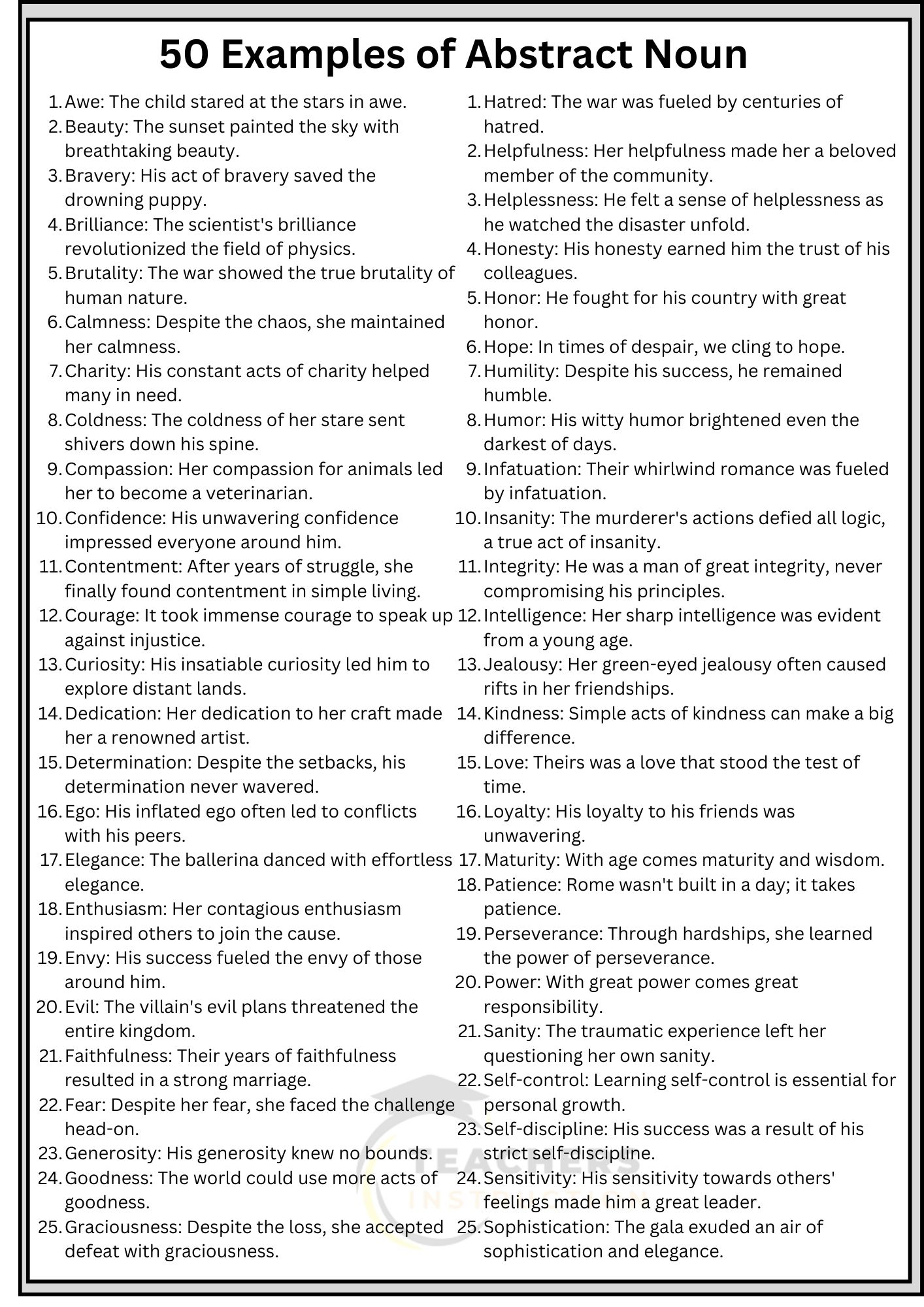 50 examples of abstract nouns