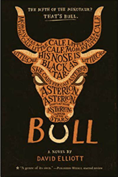Cover of Bull - a black background with an illustration of a bulls head with two large horns and words all over it with the word Bull below it