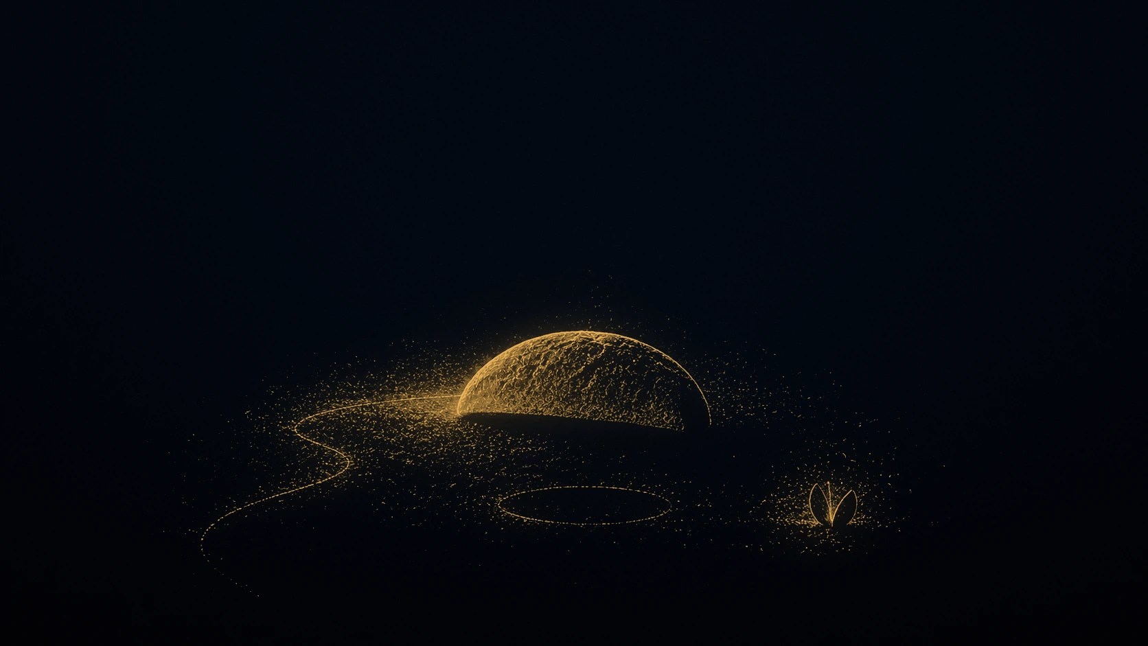 A single gold bread-arc casts three faint shadows: a path curve, a seated stillness mark, and a seed breaking open.