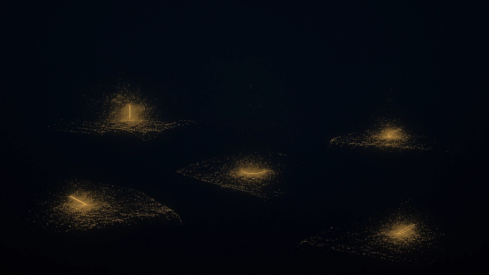 Five tiny gold posture marks sit on separate dark ground planes, each oriented differently, with no figure or face attached.