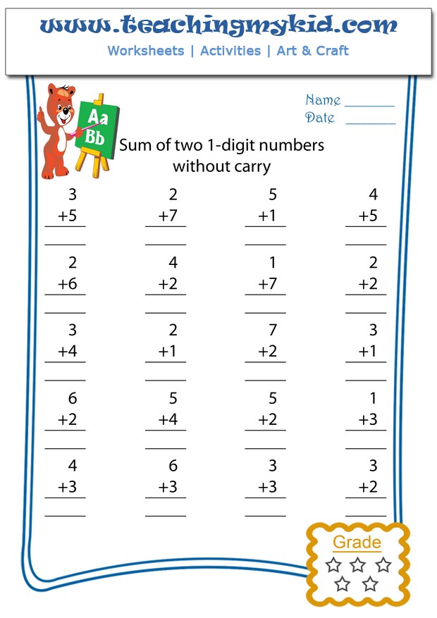 math worksheet for addition of 1 digit number without carry