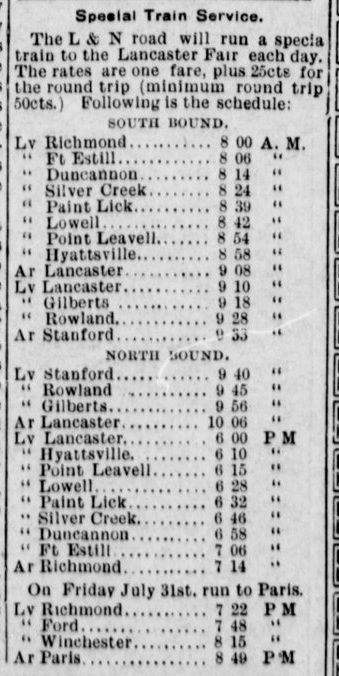 Train schedule from Lancaster, KY newspaper, 1908