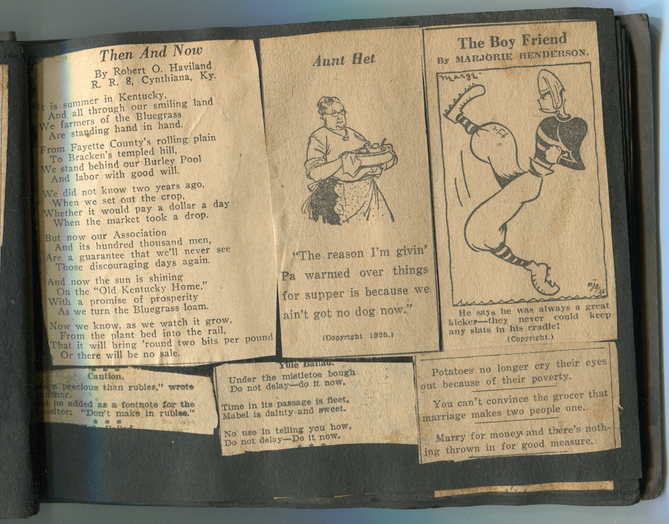 This scrapbook of newspaper clippings and cartoons, created in the 1920s, belonged to Katherine Warford Wilson (1906 - 1991) of Kentucky.