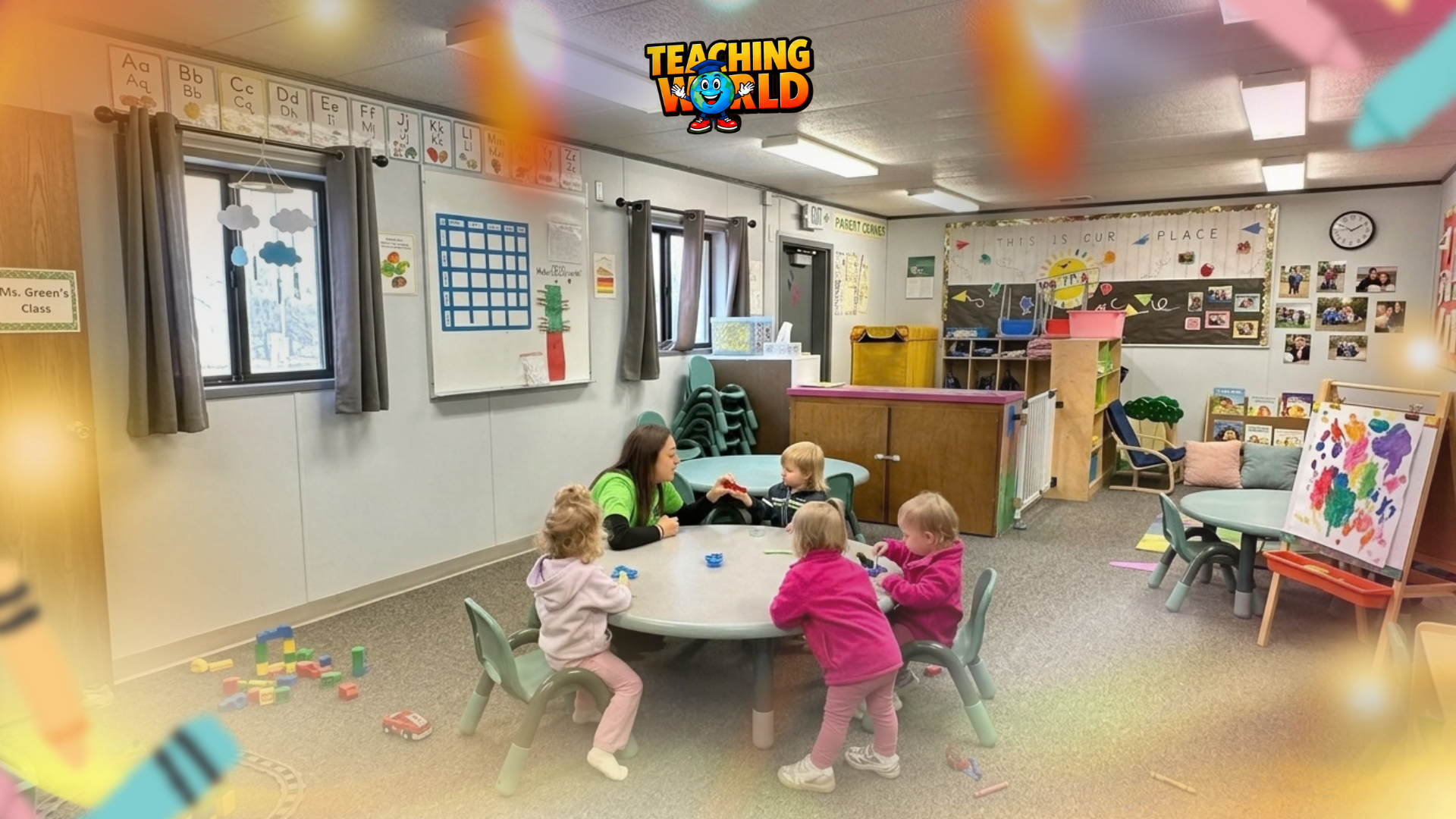 Teacher interacting with young children during a hands-on classroom activity