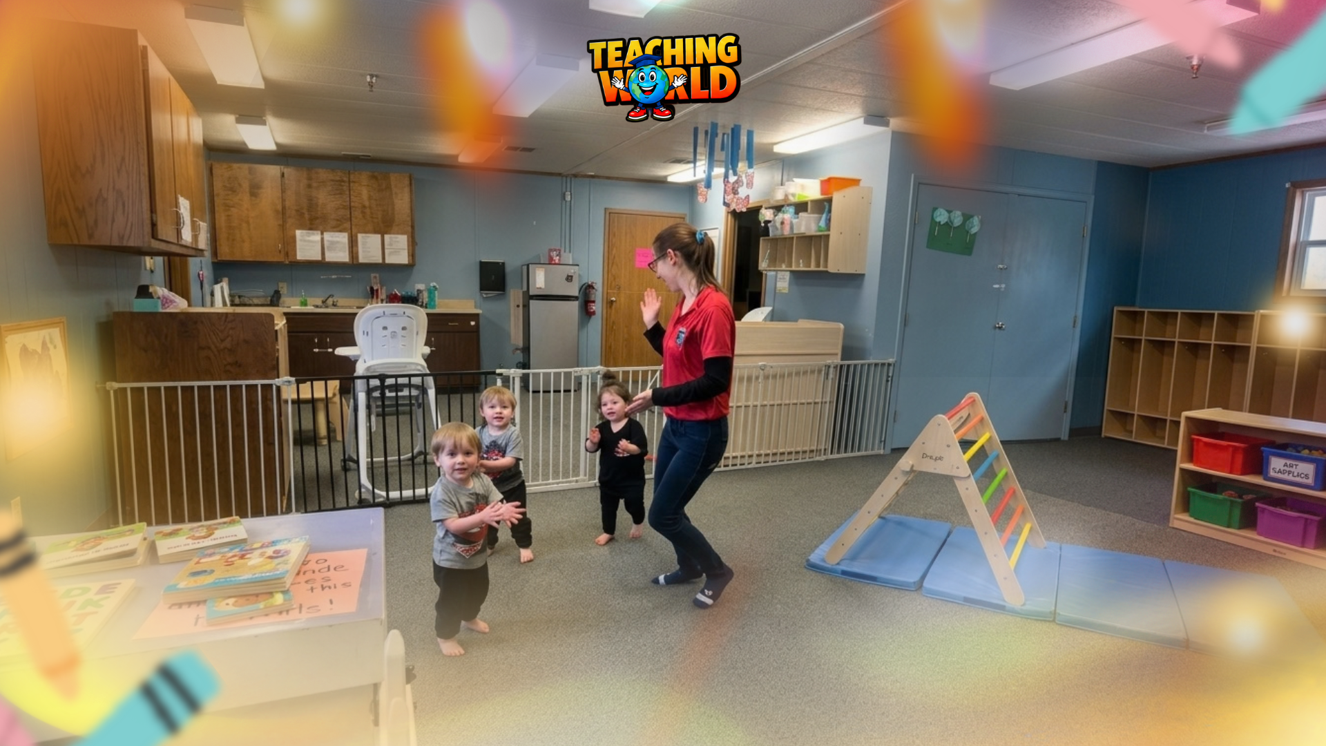 Infant interacting with an early childhood educator in a welcoming daycare classroom in Nampa, Idaho