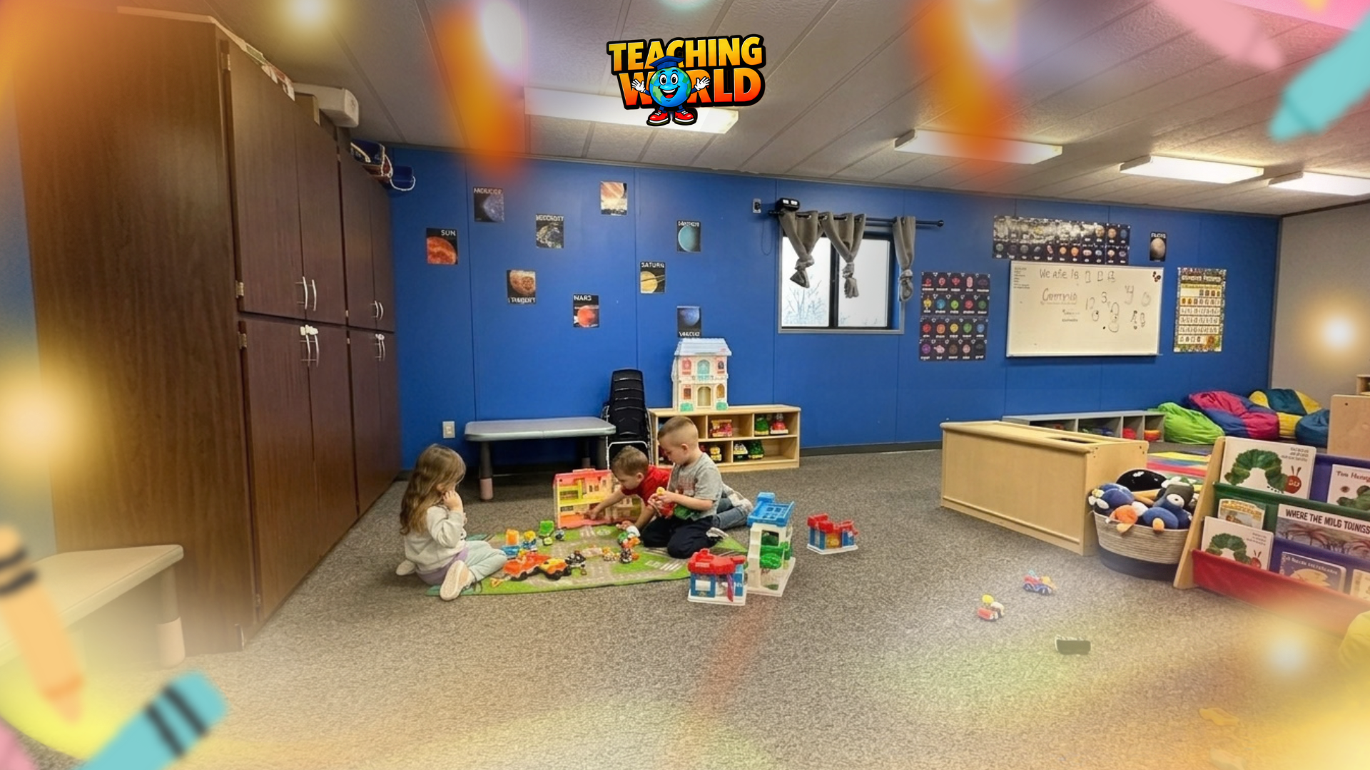 A caregiver welcoming a toddler into a childcare classroom during morning drop-off.