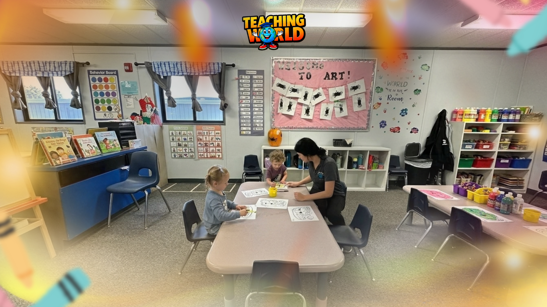 Caregiver supporting infant floor play while a toddler explores age-appropriate toys in a childcare classroom.