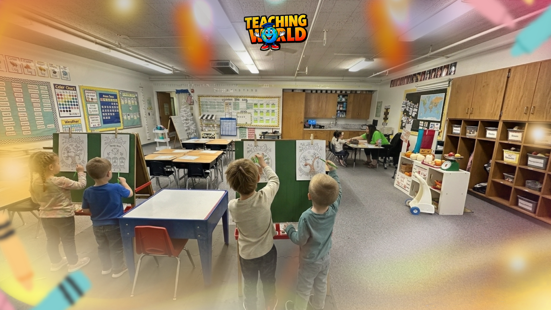 Young children exploring blocks and books with teacher guidance in a preschool classroom.