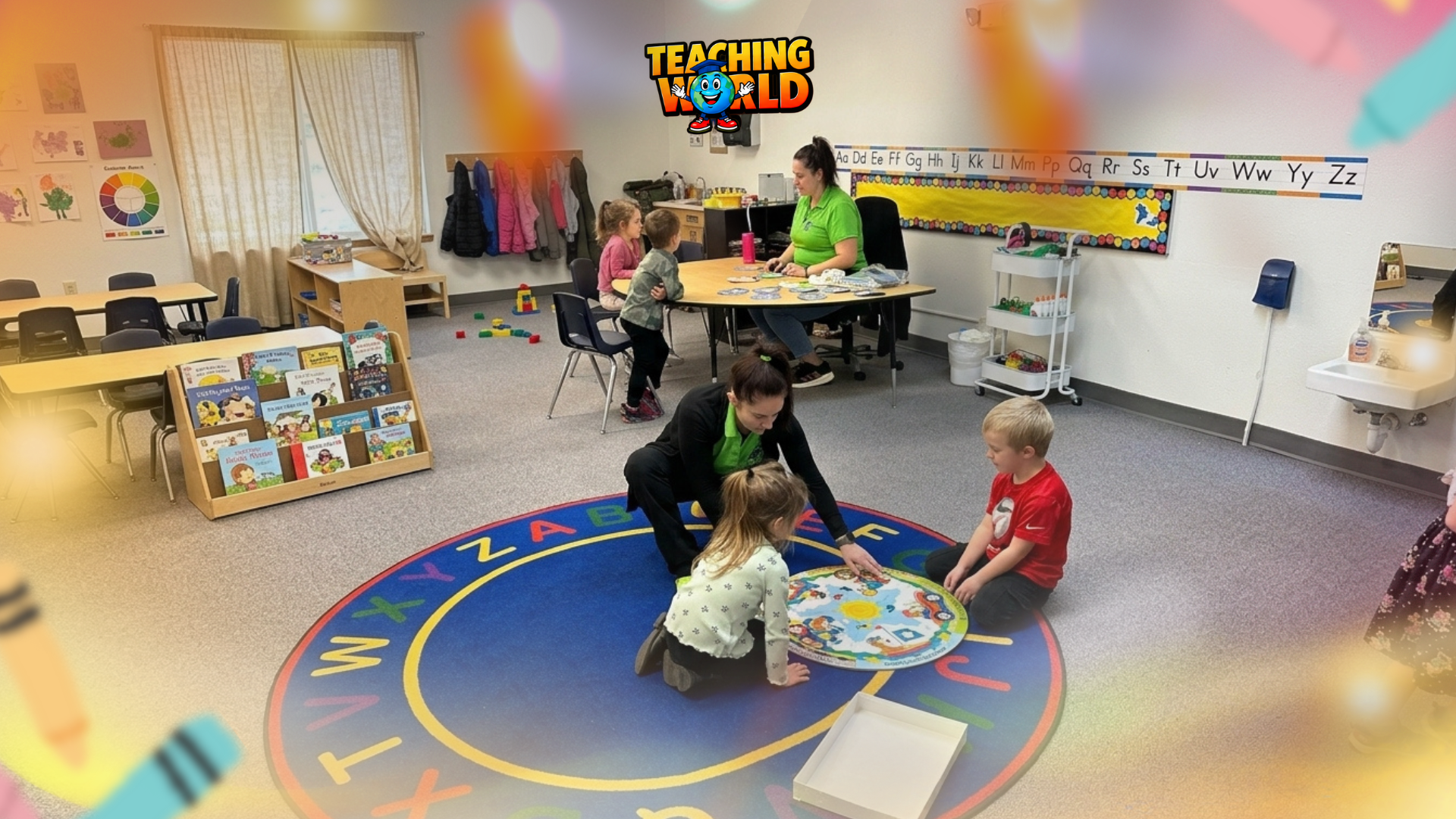 Preschool teacher helping young children explore learning activities in a classroom.