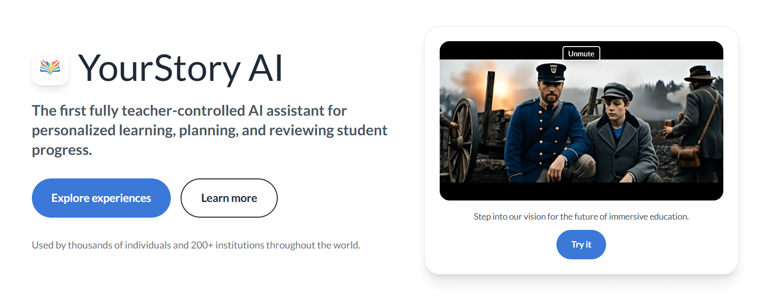 YourStory AI webpage with teacher-led assistant and historical video preview.