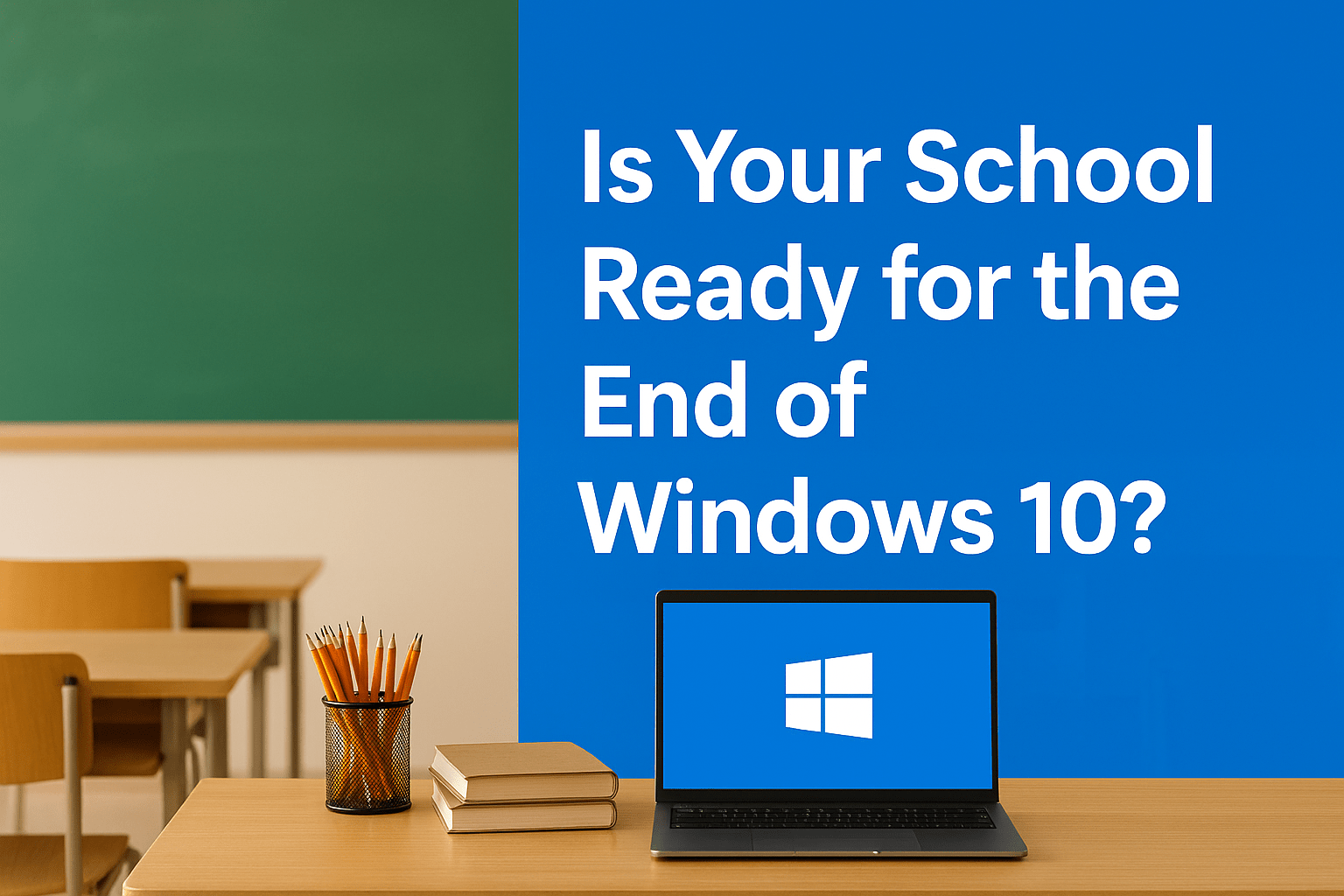 Copilot generated Banner image showing a classroom with ageing computers and a warning overlay: 'Is Your School Ready for the End of Windows 10?