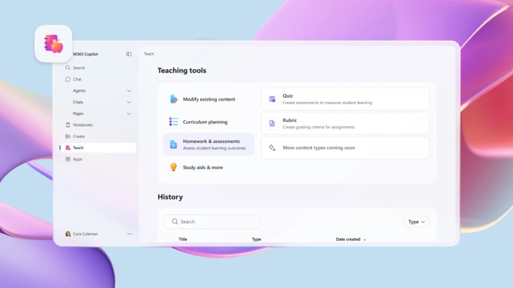 Screenshot of Microsoft 365 Copilot’s Teach module showing teaching tools such as Modify existing content, Curriculum planning, Homework & assessments, Study aids, Quiz, Rubric, and a note about more content types coming soon