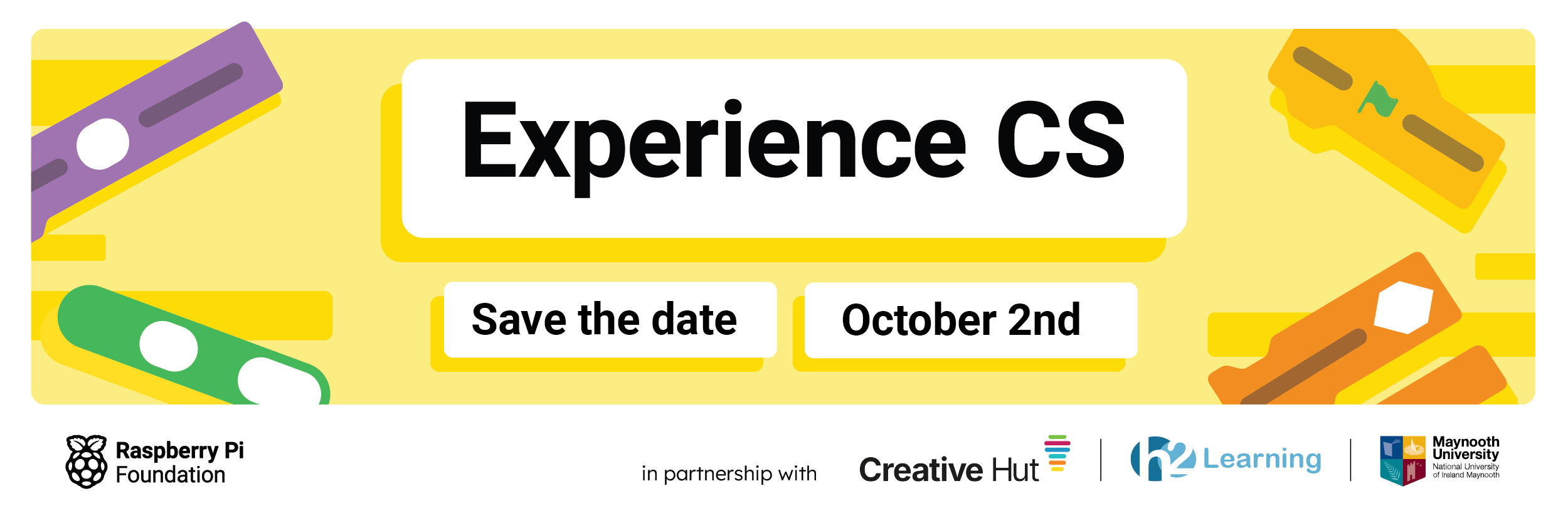 Promotional banner for Experience CS teacher training, October 2, with Raspberry Pi Foundation and partner logos.