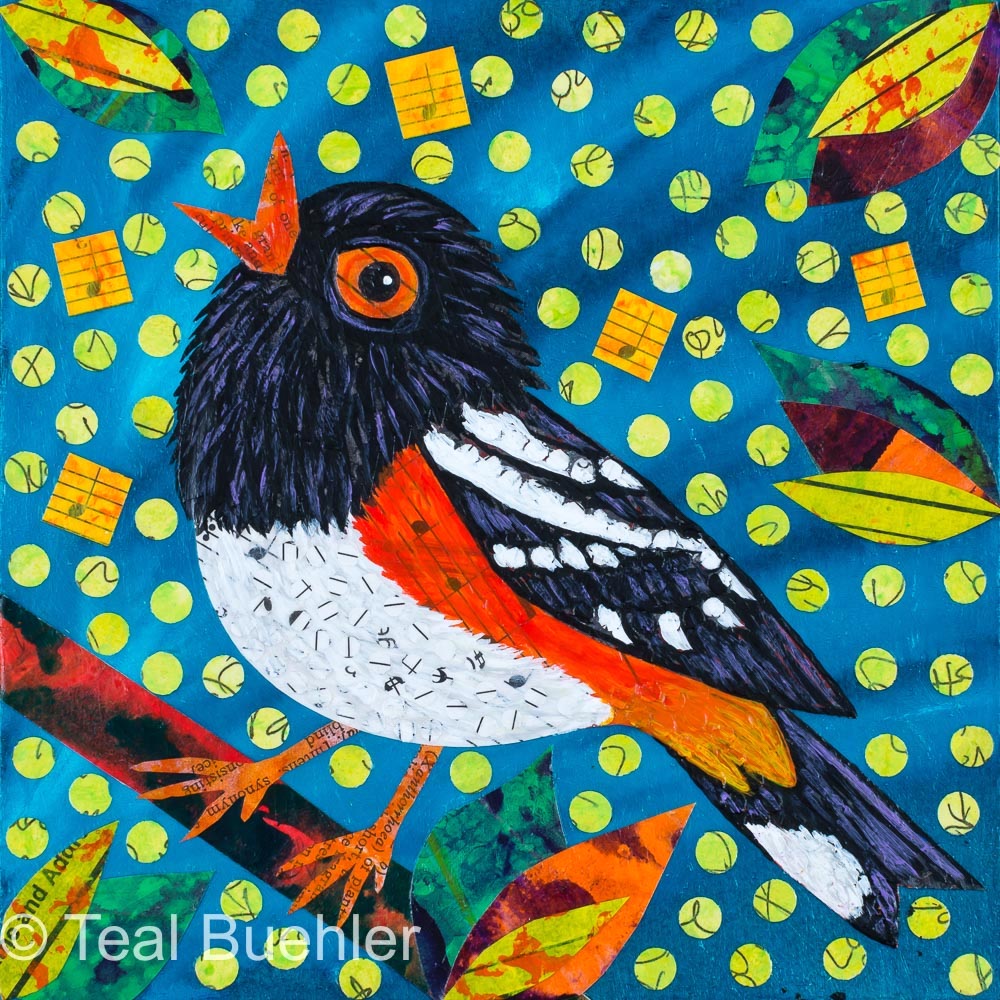 SOLD--Towhee Notes - 6x6 Collage on wood panel