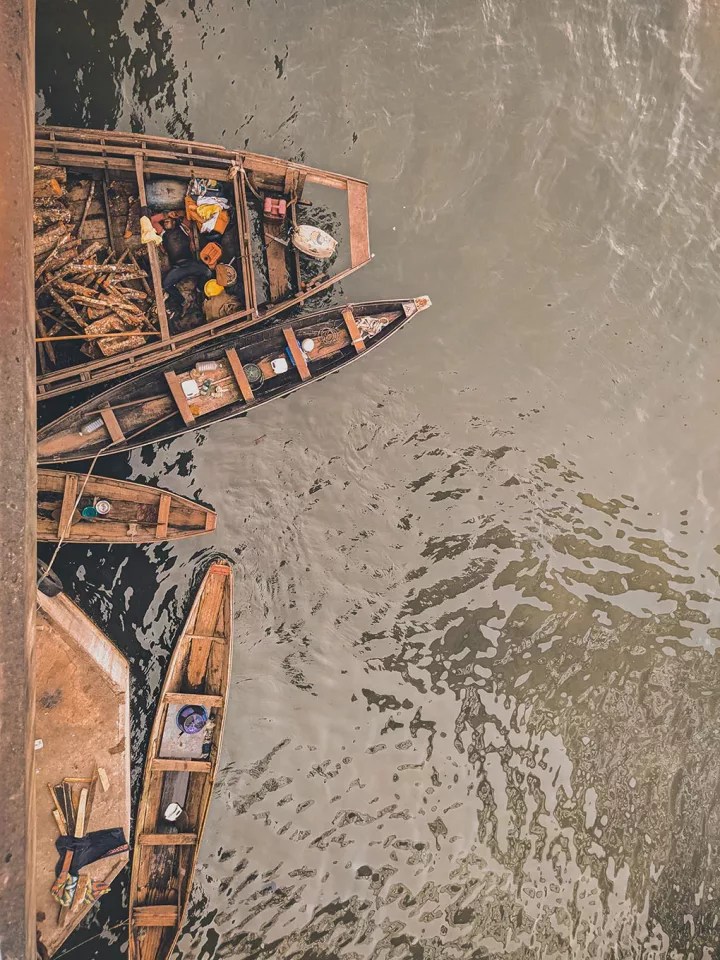 stunning bird's eye view shot of canoes in water