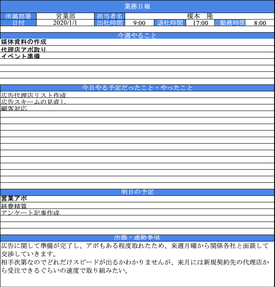 その日の振り返りがしやすい日報テンプレートのスクリーンショット