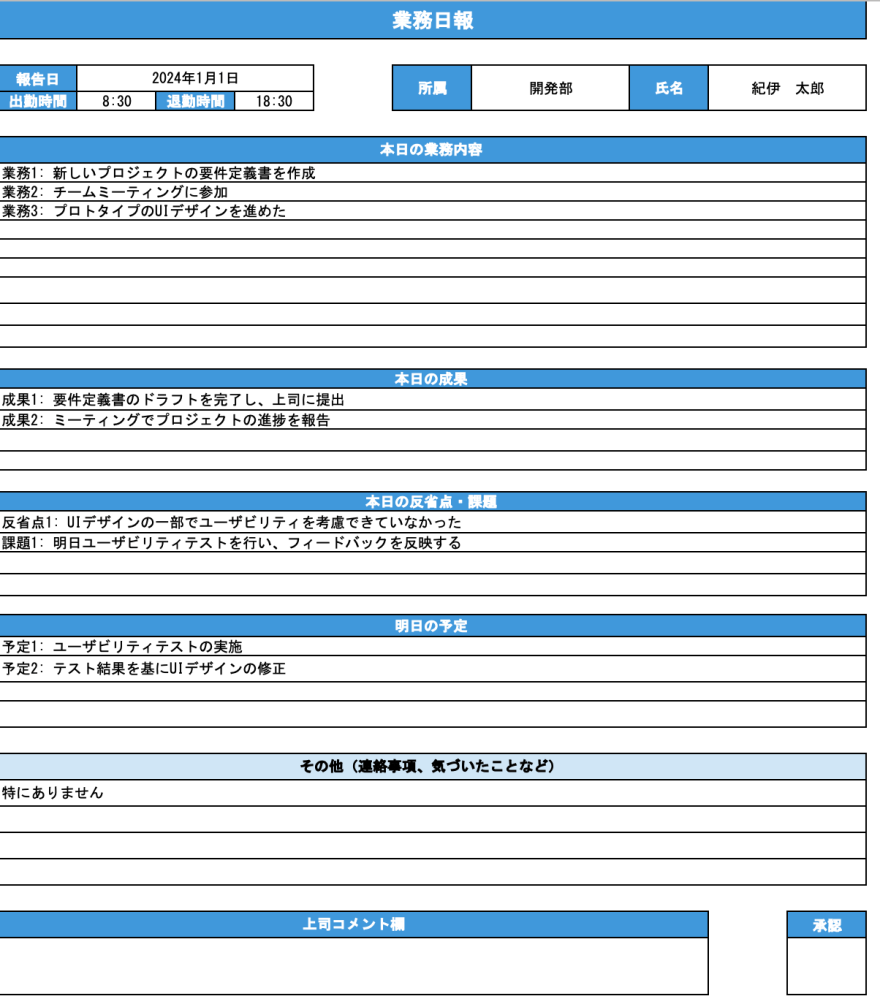 新入社員用の日報テンプレートのスクリーンショット