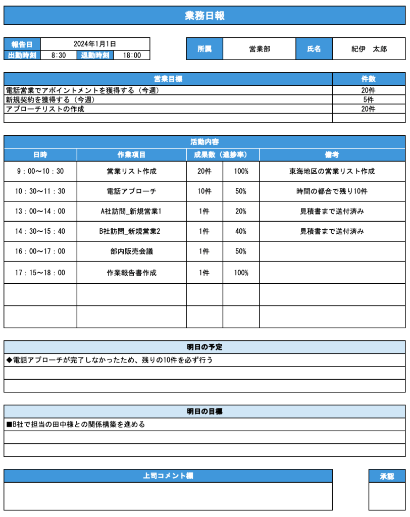 営業職用のエクセルテンプレートのスクリーンショット