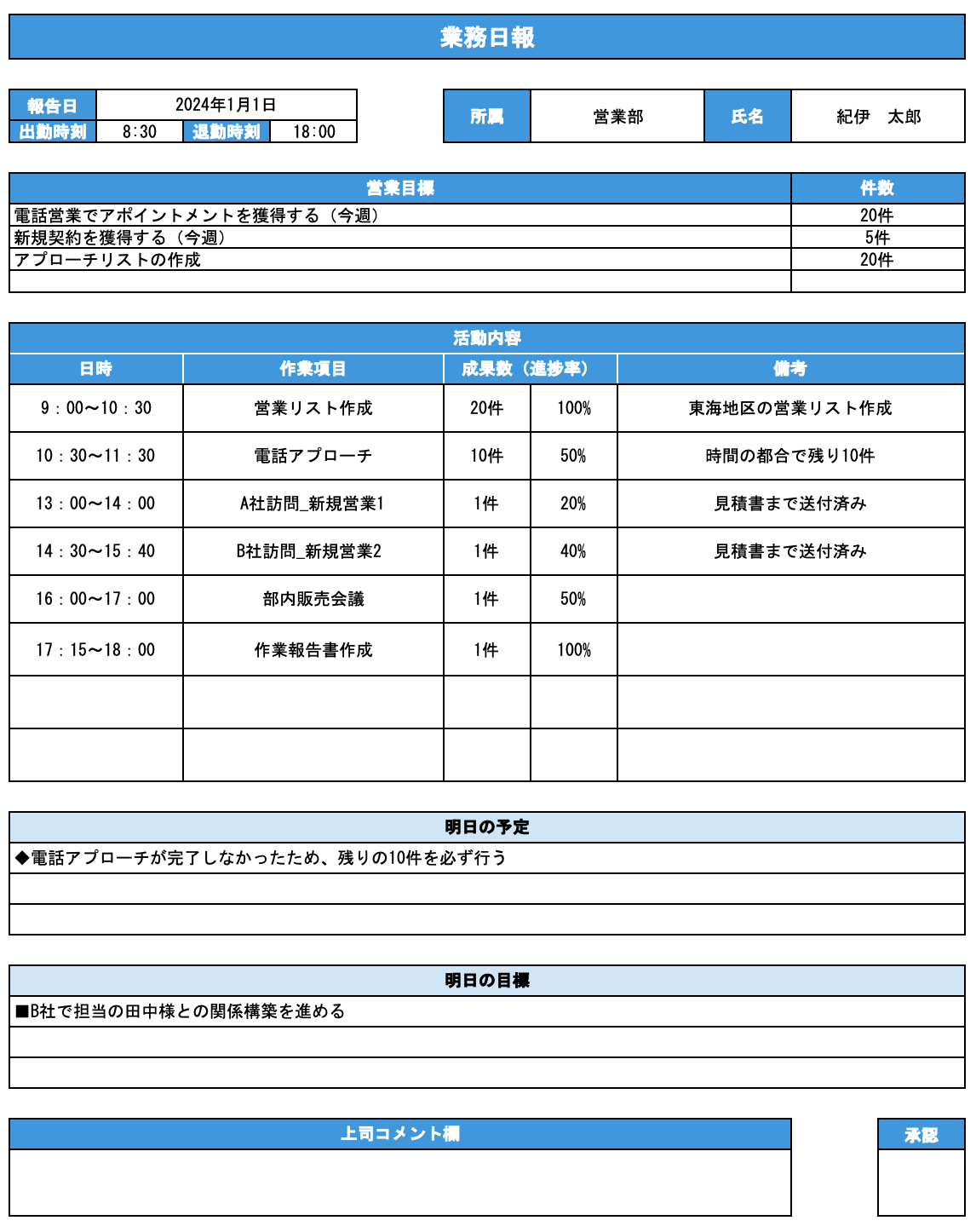 営業職用のエクセルテンプレートのスクリーンショット
