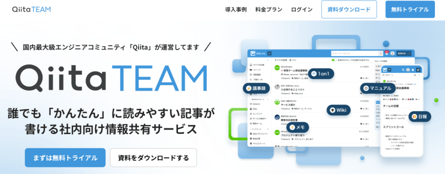 Qiita Teamの製品サイトスクリーンショット