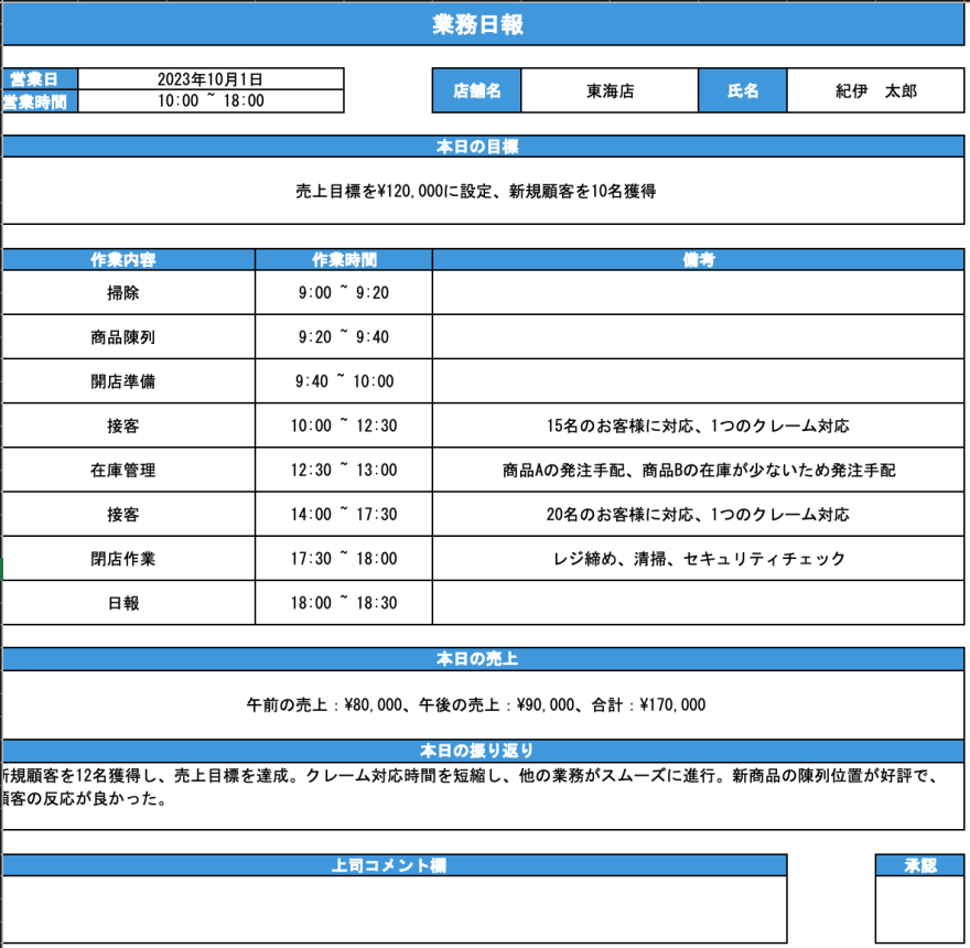 小売業用のエクセルテンプレートのスクリーンショット