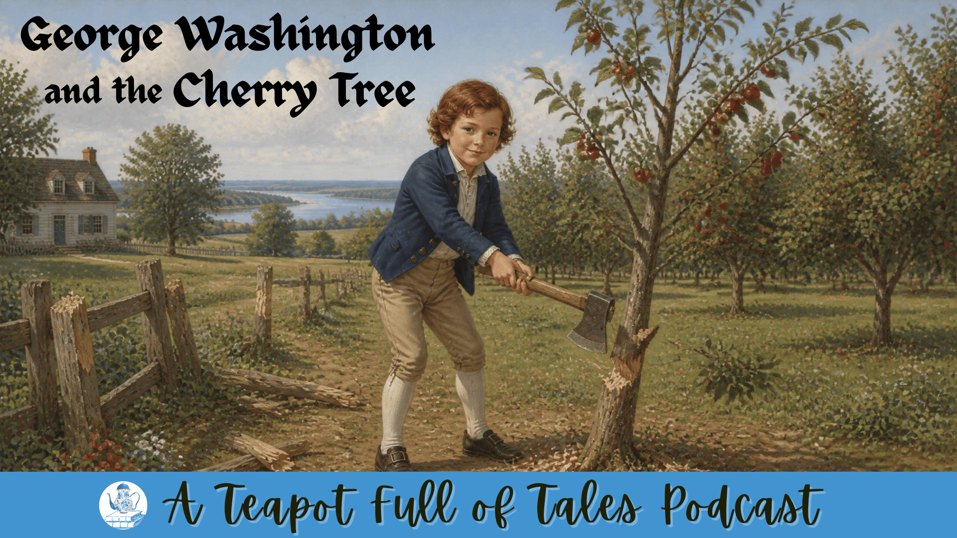 Young George Washington holding a hatchet, chopping down a cherry tree