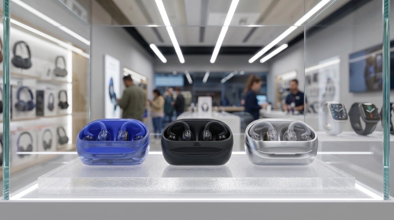 En la vitrina de una tienda de electrónica unos auriculares JBL Soundgear Clips en tres colores diferentes