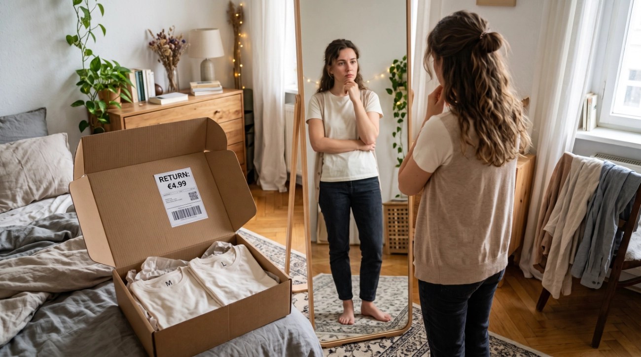 Una chica prueba una camiseta, a su lado una caja con prendas para devolver y el coste asociado