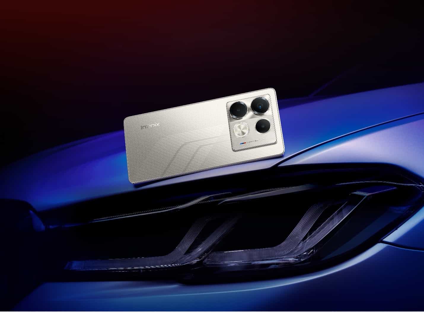 Infinix NOTE 40 Racing Edition smartphone showcasing the 'Wings of Speed' design with sleek, streamlined lines and a glossy finish. The phone features tri-color racing symbols near the camera lens, reflecting its racing-inspired aesthetic