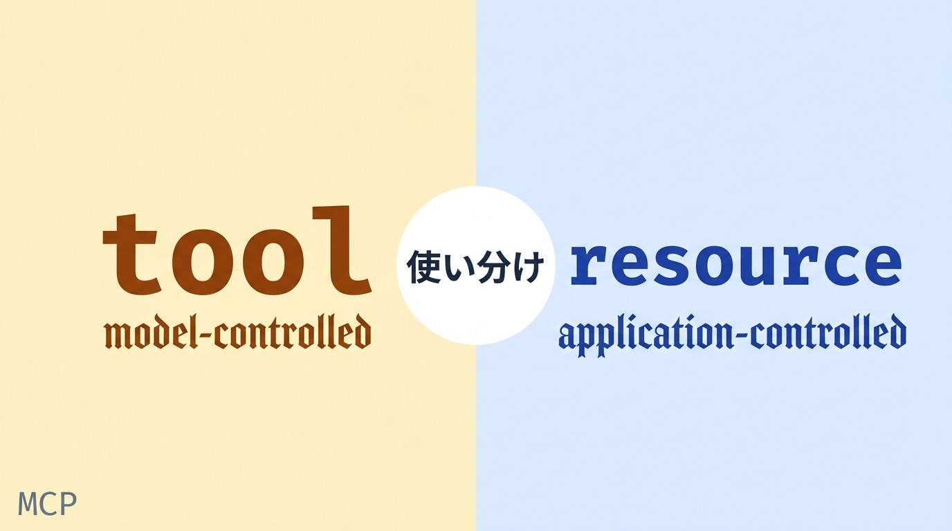 Split-color graphic showing 'tool' (left) and 'resource' (right) with '使い分け' in a white circle; left label 'model-controlled', right label 'application-controlled'.