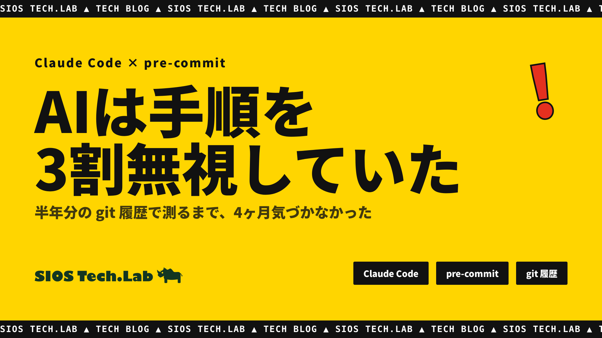 Bright yellow hero banner with large black Japanese headline, small English subtitle 'Claude Code × pre-commit', a red exclamation mark on the right, black top/bottom banners with 'SIOS TECH LAB' in white, three black pill buttons ('Claude Code', 'pre-commit', 'git 履歴') near the bottom right, and the SIOS Tech.Lab logo at bottom left.