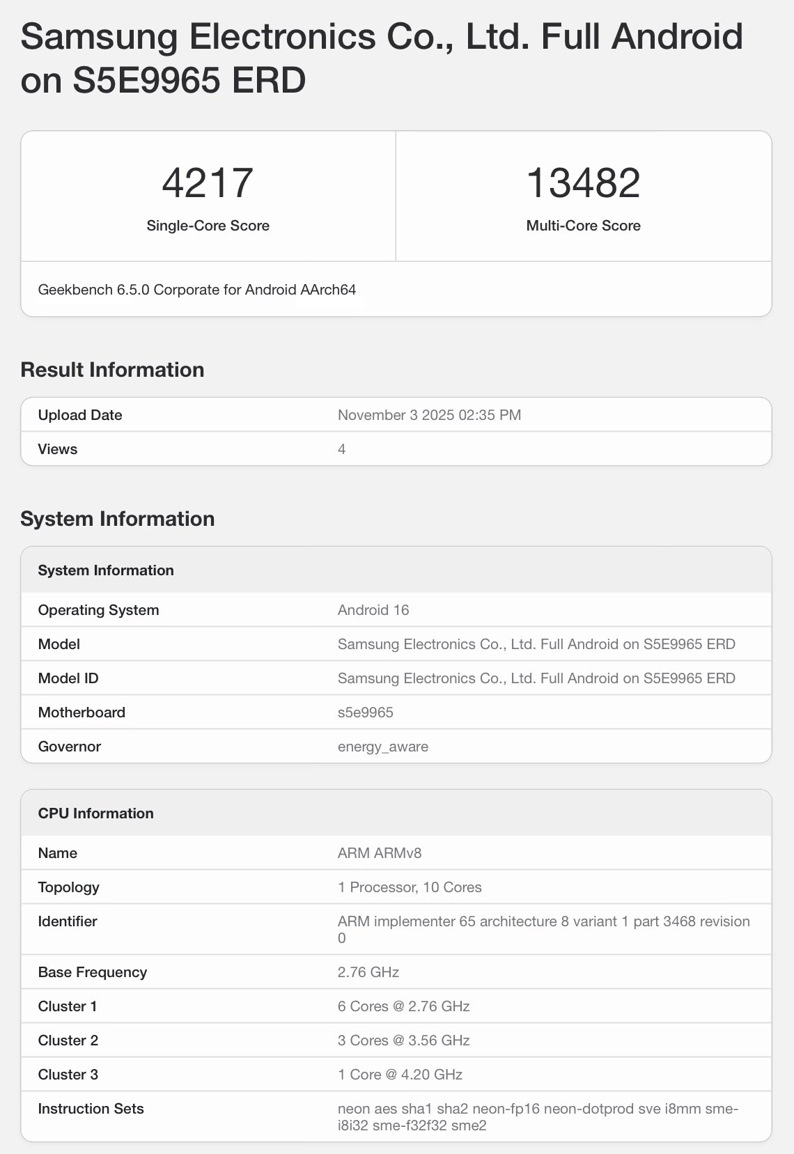 samsung exynos 2600 geekbench results