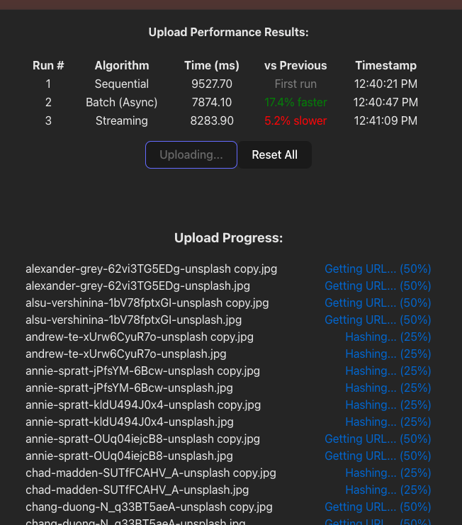 Interface mostrando progresso em tempo real de cada arquivo nas diferentes fases de processamento