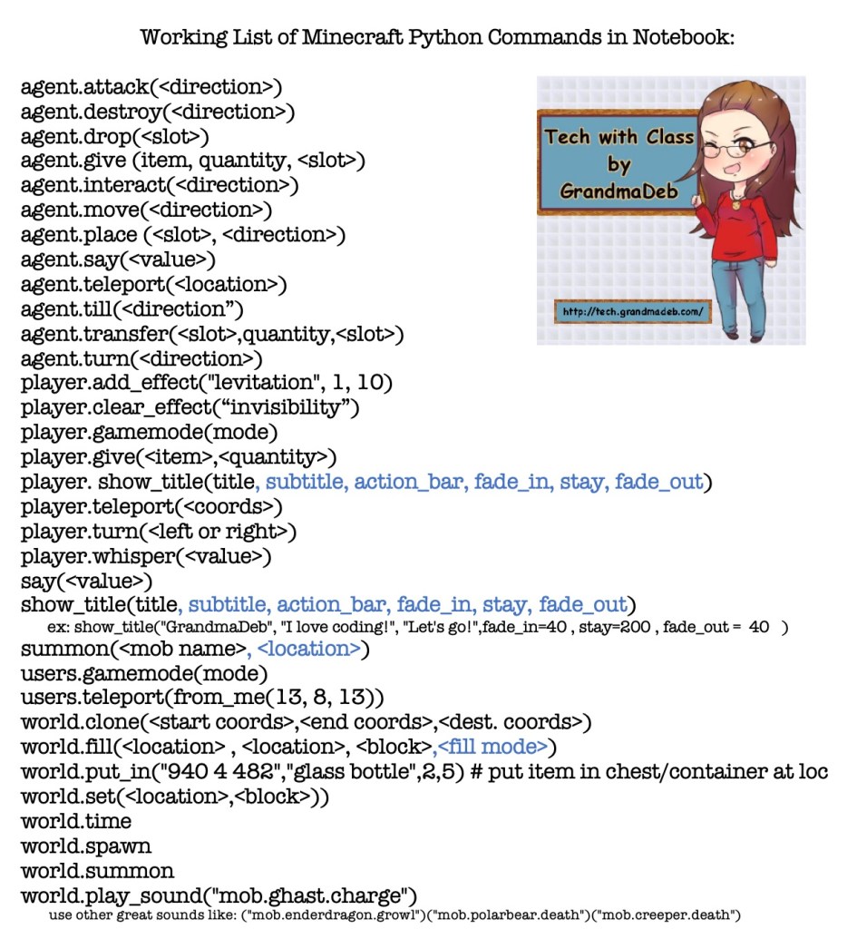 Python Command List with GrandmaDeb with additional details