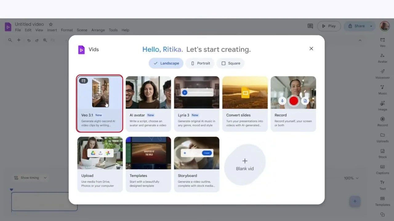 Google Vids interface highlighting the 'Animate an Image' feature using Veo 3.1