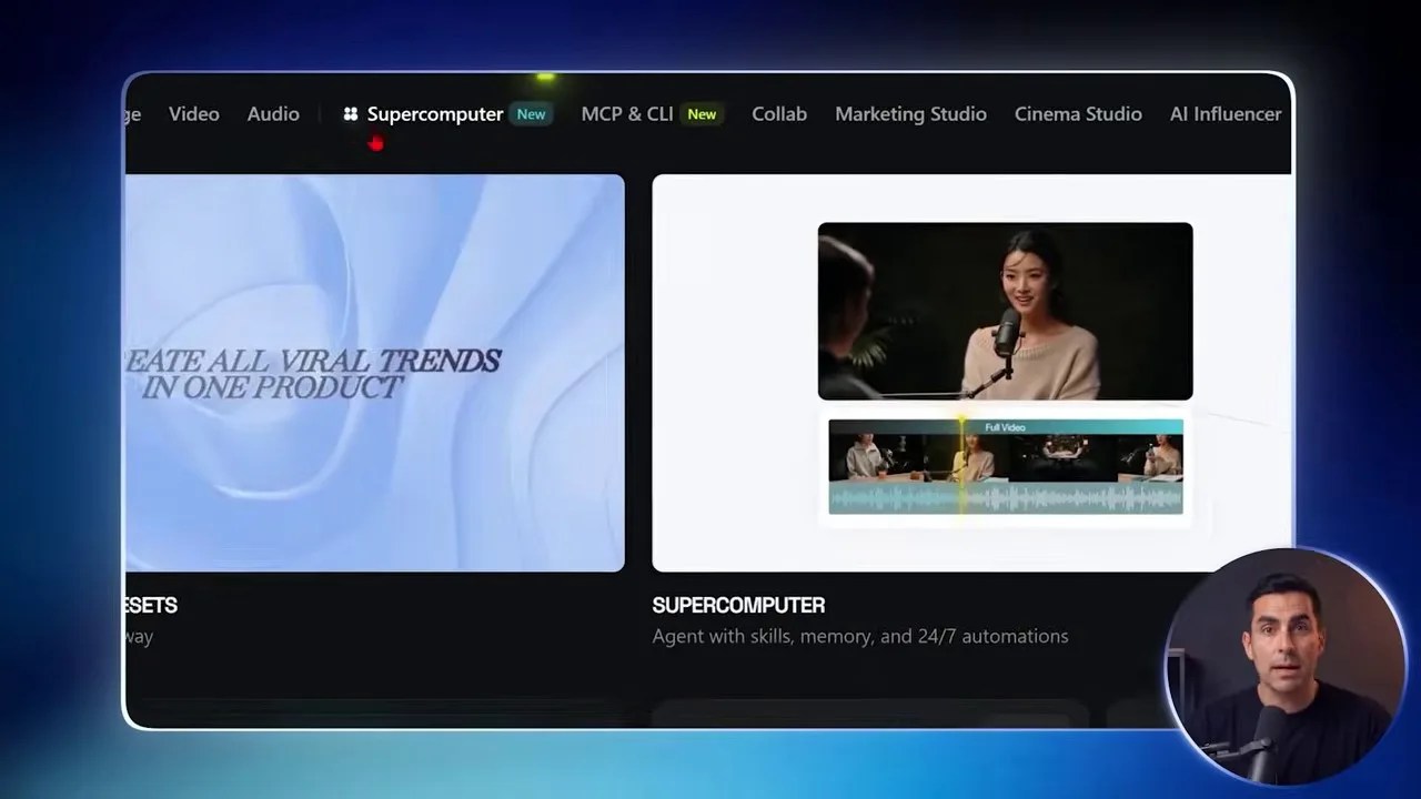 Higsfield agent mode interface with the Supercomputer setup page.