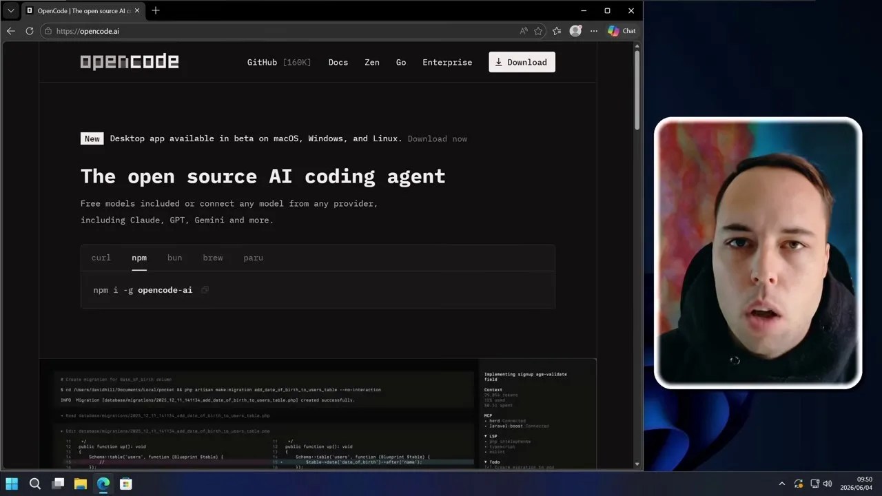 Opencode NPM page with installation command and terminal deployment documentation