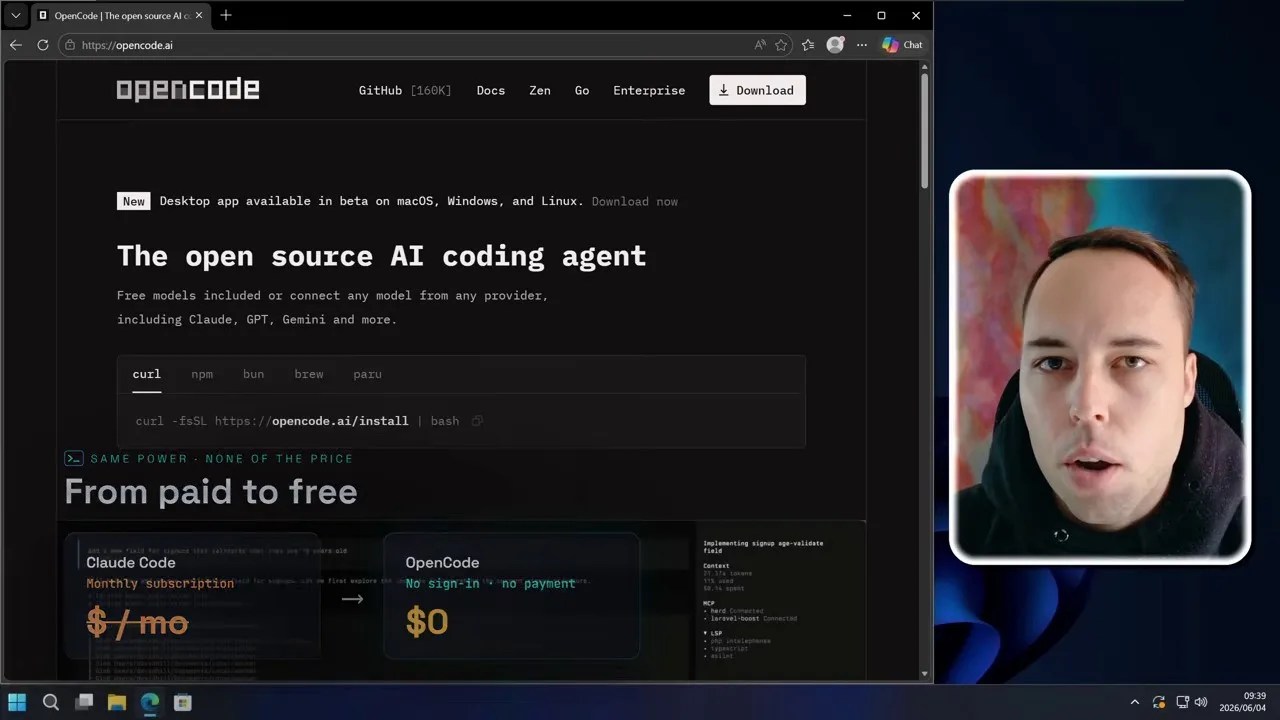 Opencode website showing free features and open source dashboard