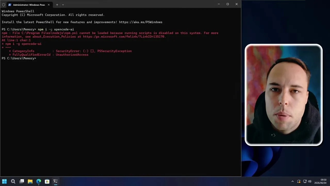 PowerShell terminal running the Set-ExecutionPolicy command to sign Node scripts