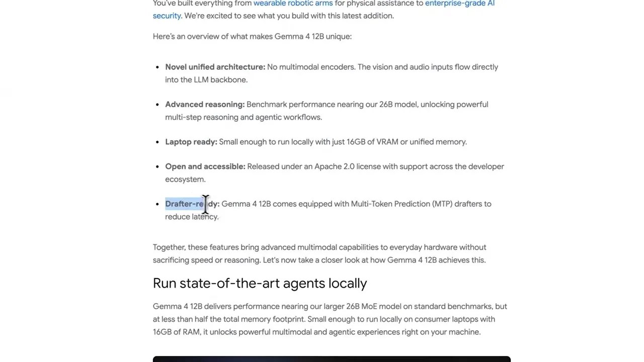 Technical slide explaining native multi-token prediction drafters for fast local inference speed