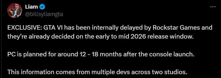 GTA 6 Reportedly Delayed To 2026 PC Version Arrives 18 Months Later GTA 6 2025 