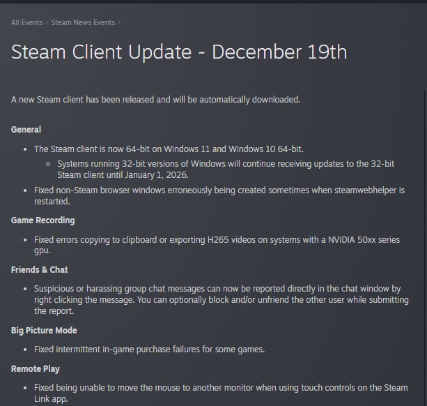 Valve Moves Steam To 64 Bit Leaving Windows 7 And 32 Bit Users Behind Steam Client Update December 19th 