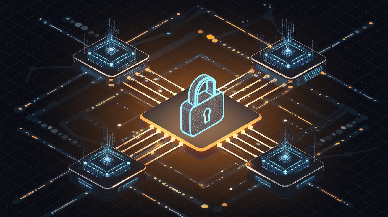 Illustration of a secure computer network with interconnected nodes and a central digital padlock, representing network security