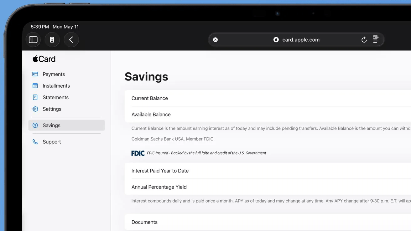 Apple Savings appears on the web but only for document access
