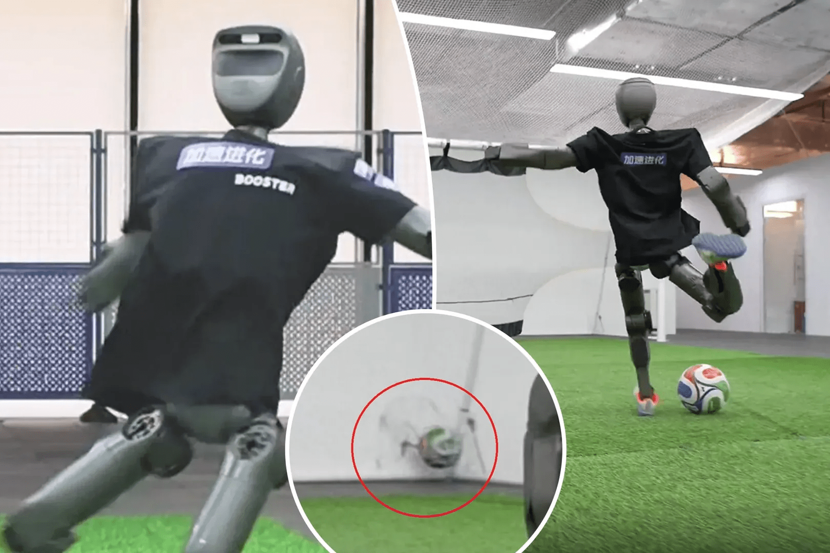 Robot soccer player that will likely render humans obsolete kicks ball so hard it dents wall