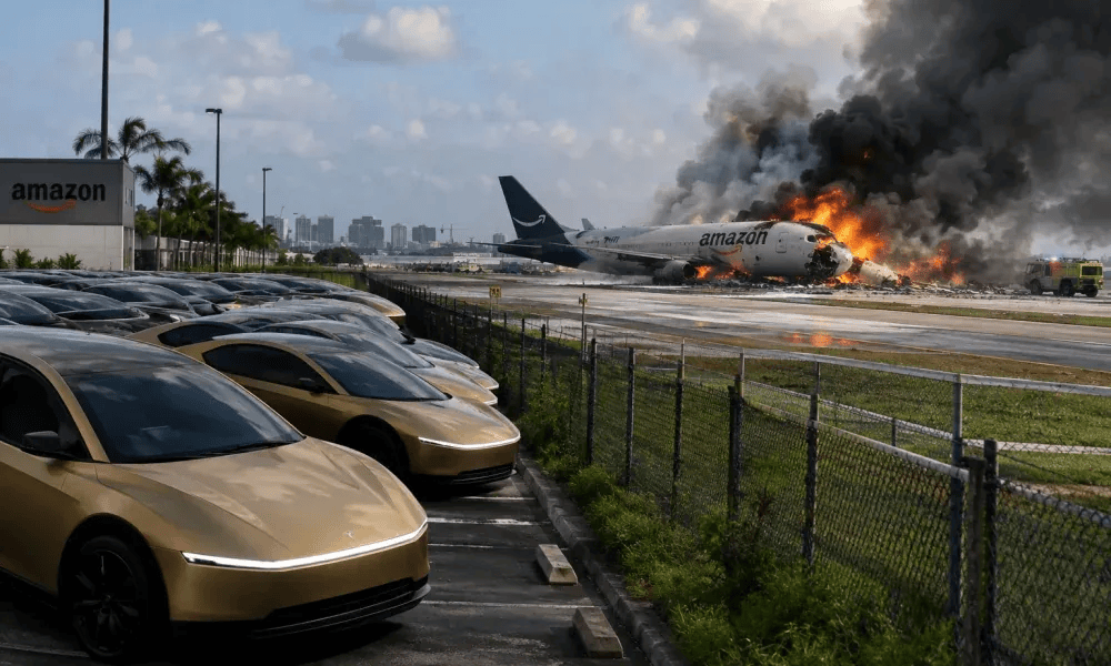 Tesla Cybercabs narrowly miss deadly Amazon cargo plane crash