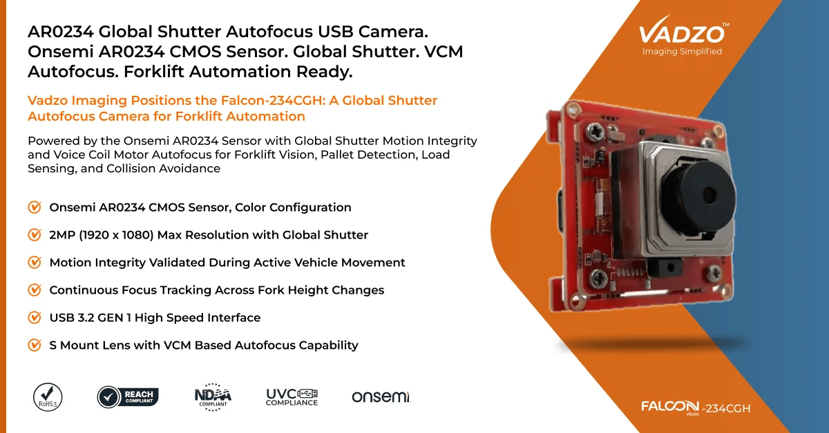 Vadzo Imaging Positions Falcon-234CGH 2MP Onsemi AR0234 Global Shutter Autofocus Color USB Camera for Forklift Automation