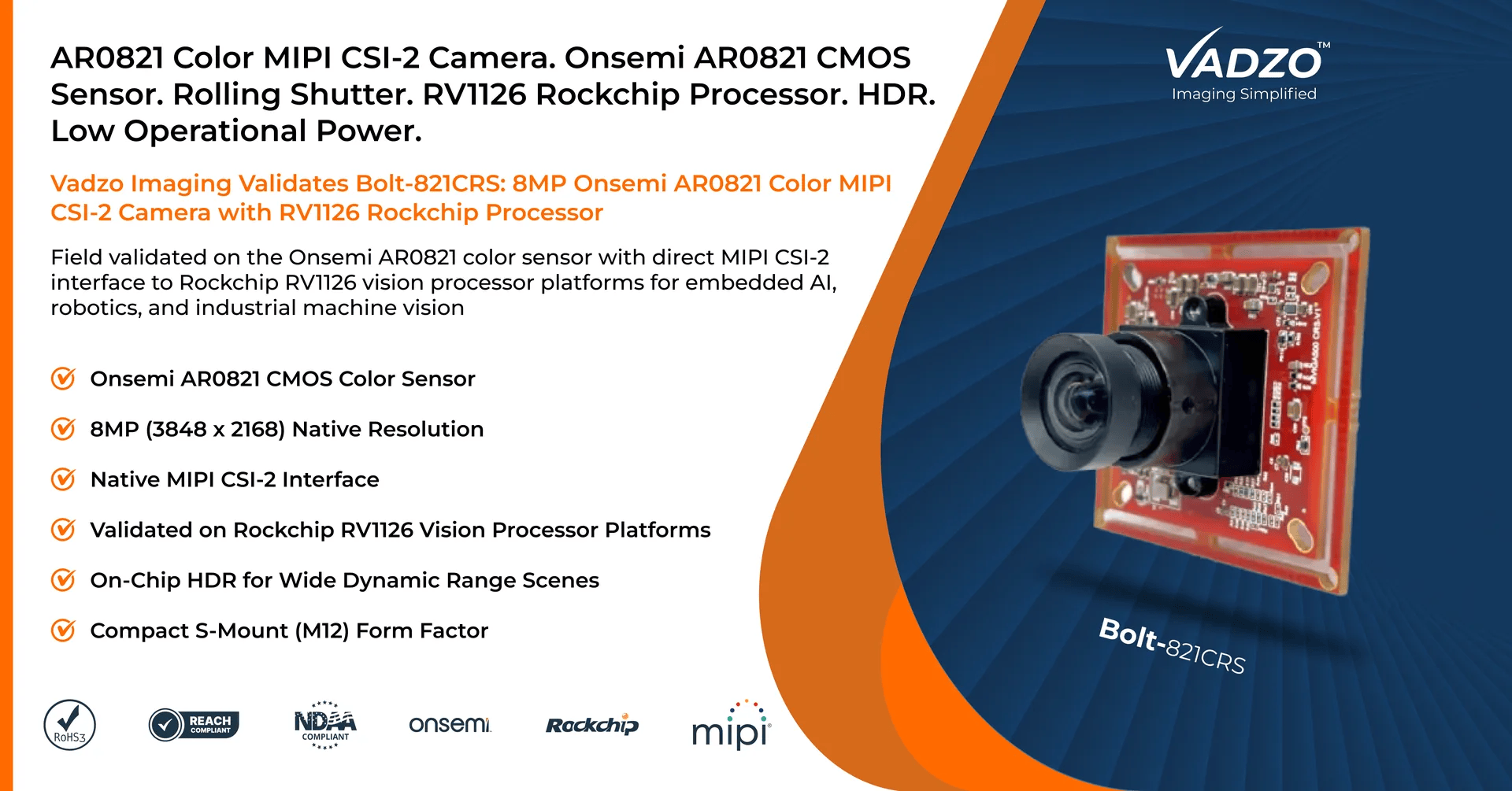 Vadzo Imaging Validates Bolt-821CRS 8MP Onsemi AR0821 Color MIPI CSI-2 Camera with RV1126 Rockchip Processor